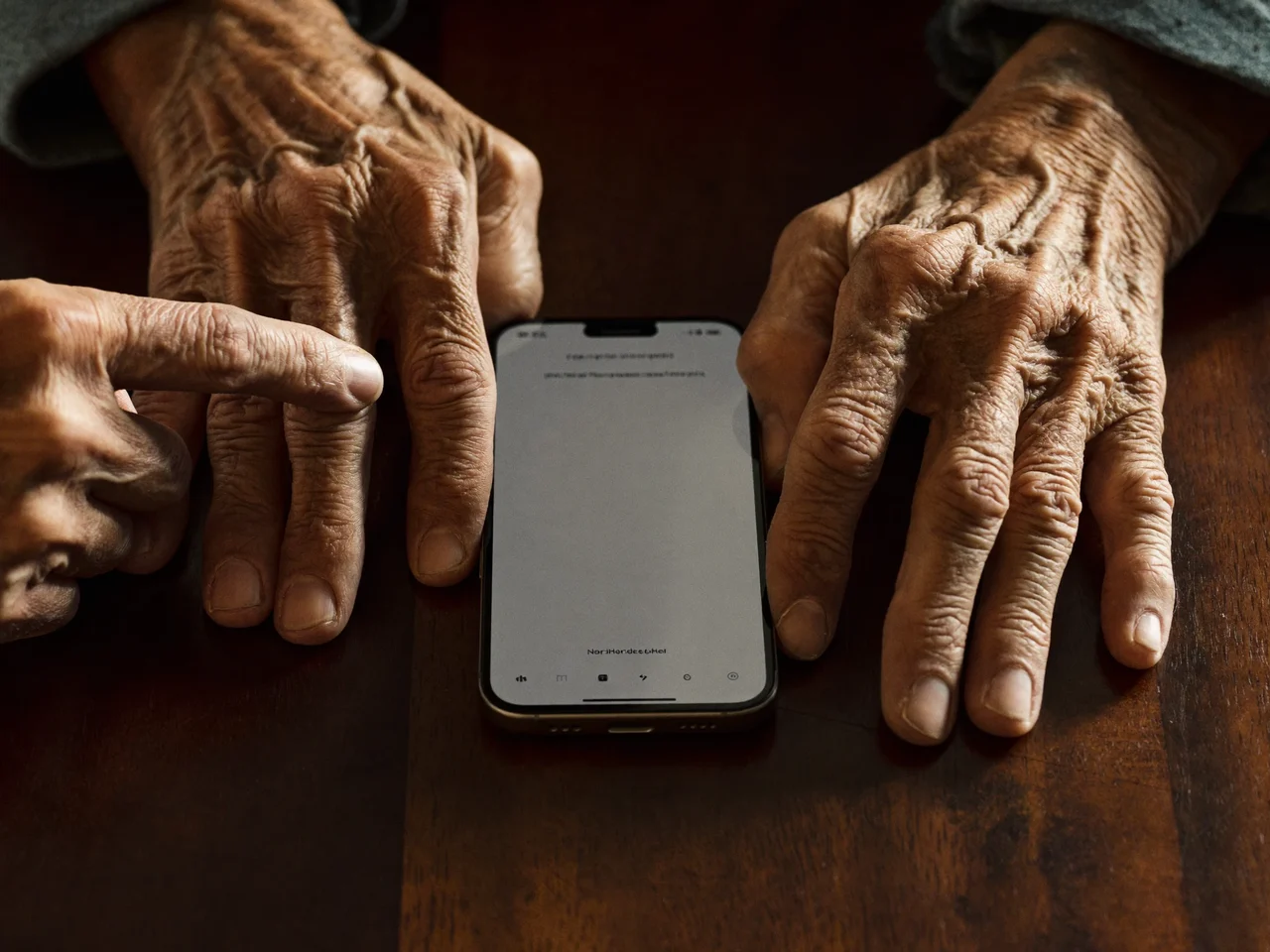 Illustrazione: mani di un uomo anziano su uno smartphone, guidato da un tutor