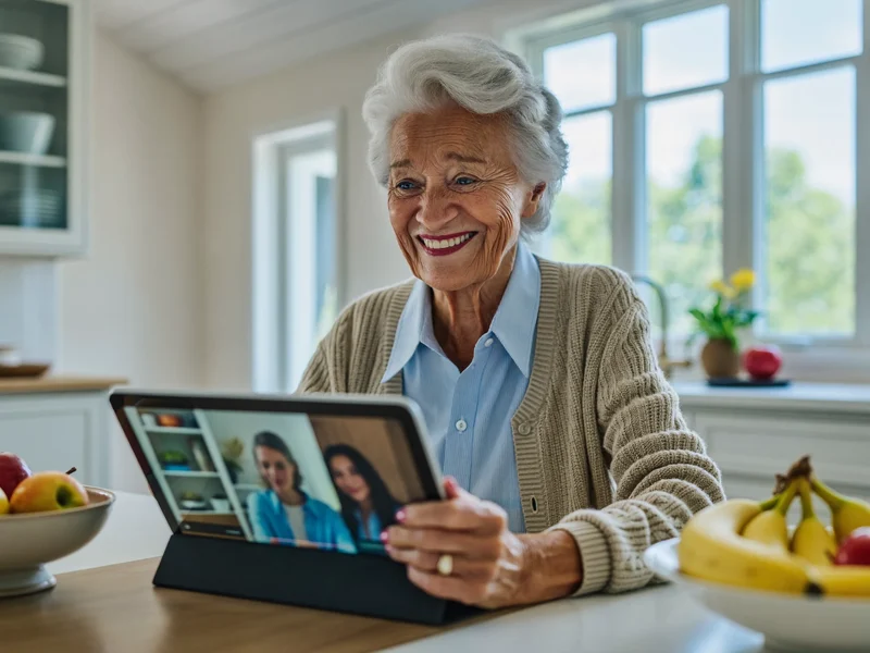 Illustrazione: signora sorridente davanti a un tablet appoggiato in cucina