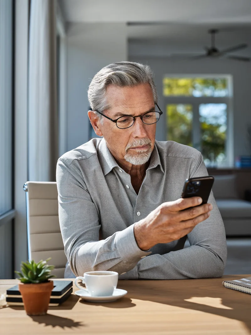 Illustrazione: uomo anziano usa il telefono alla scrivania con occhiali e caffè