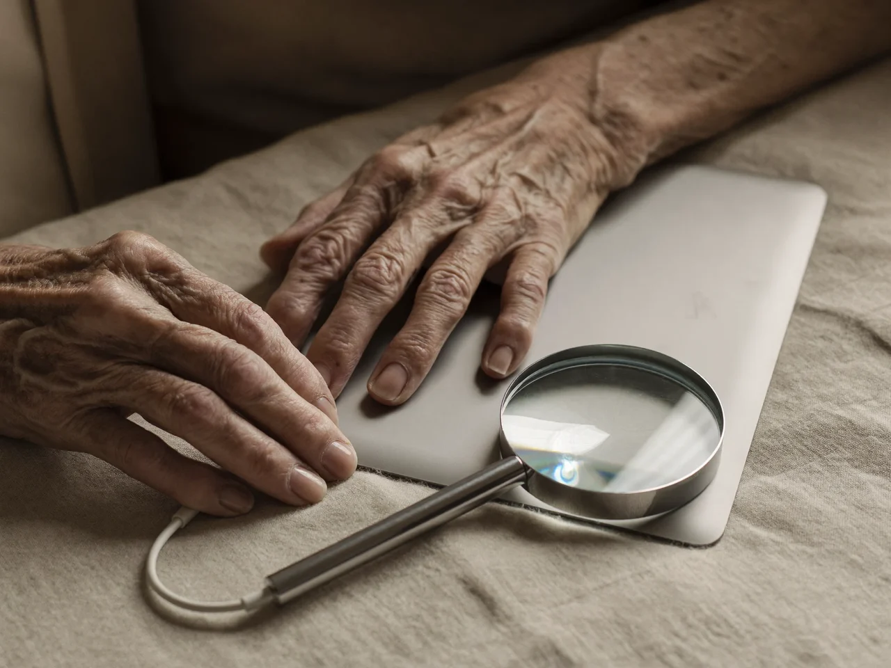 Illustrazione: mani segnate dal tempo accanto a tablet, cavo e lente d'ingrandimento